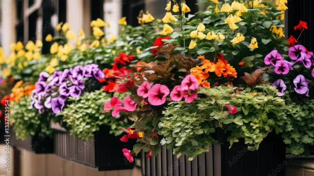 Flower filled window boxes. Closeup of colorful blooming flowers in window planters boxes adorning city building. Urban gardening landscaping design Flower filled window boxes. Closeup of colorful blooming flowers in window planters boxes adorning city building. Urban gardening landscaping design