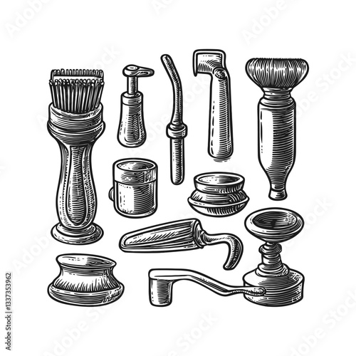 Vintage Barber Tools Engraving Illustration in Monochrome Style