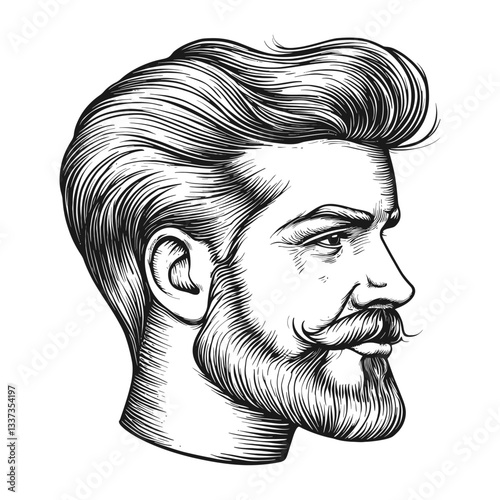Detailed Engraving of a Stylish Man's Profile with Facial Hair