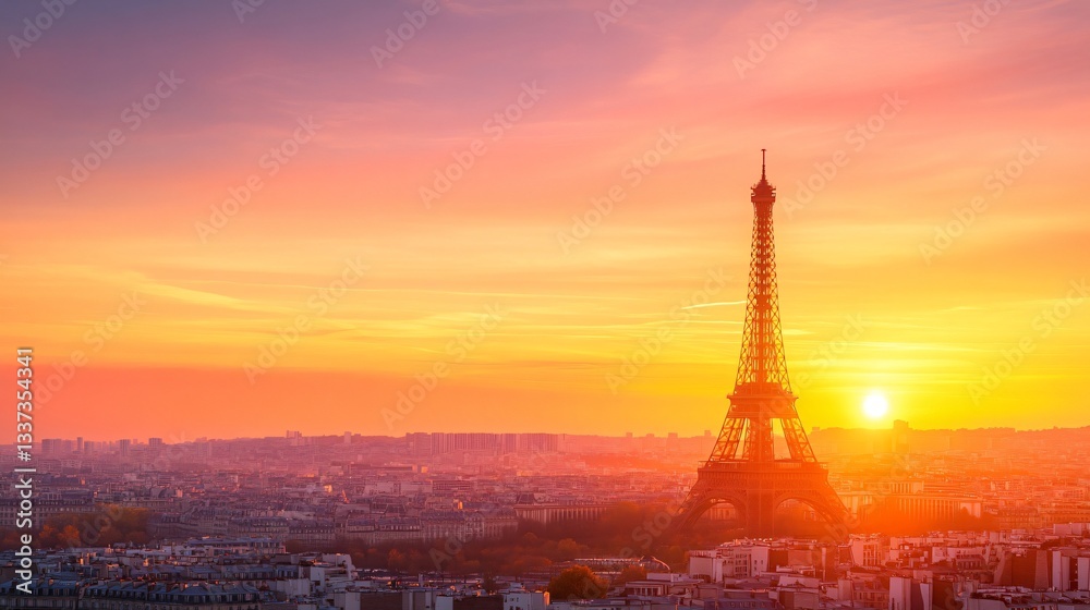 Fototapeta premium Tower at sunset, iconic structure silhouetted against vibrant orange and purple sky, serene atmosphere ideal for inspiration.