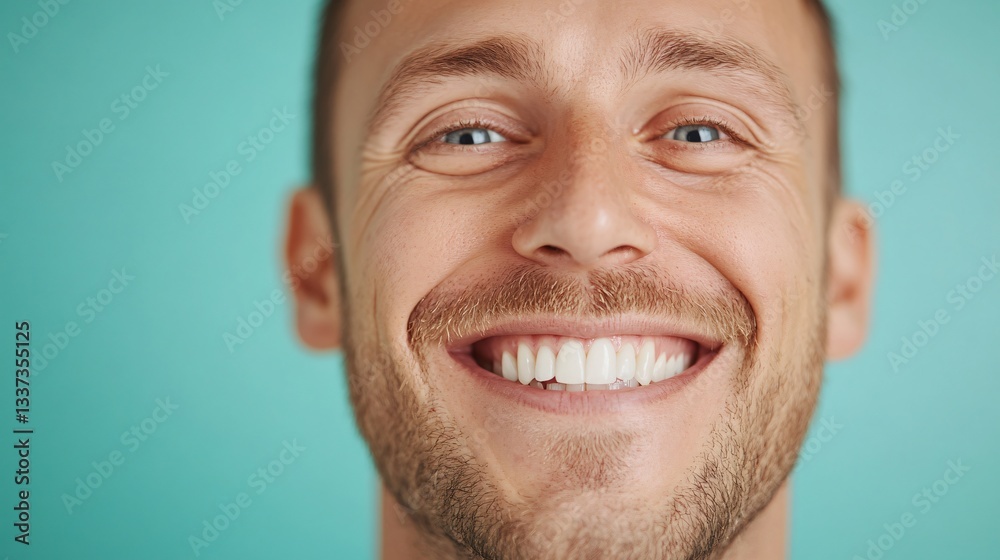 Fototapeta premium Cheerful young man smiling, light blue background, vibrant expression showcasing happiness and positivity, ideal for motivational themes.