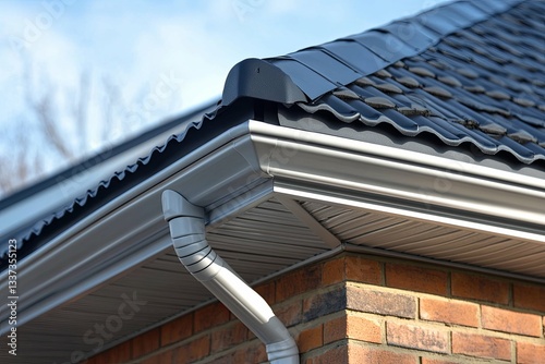 Close up view of a buildings roof and drainage system