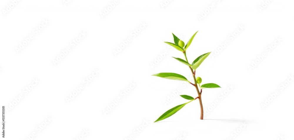 Fototapeta premium Single vibrant green plant, isolated on pure white background, sprout, herb