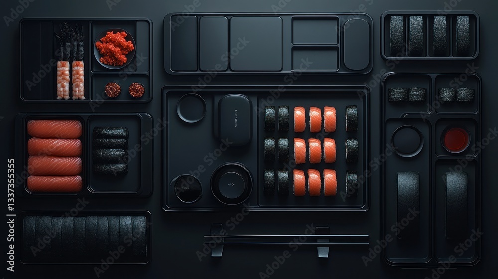 Fototapeta premium Modern sushi delivery containers. Organized, fresh, and stylish