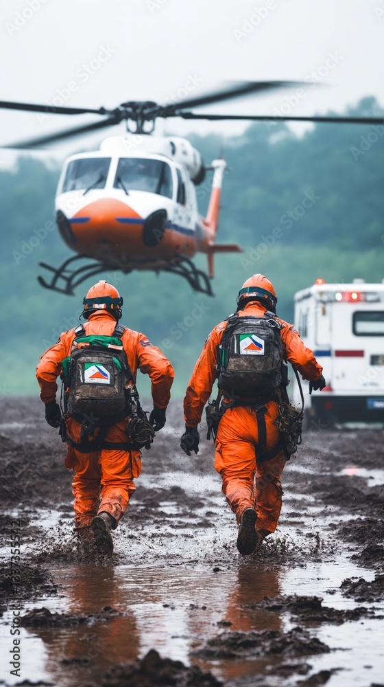 Rescatistas avanzan hacia un helicóptero en un entorno pantanoso, listos para una misión de emergencia ante condiciones adversas. Rescatistas avanzan hacia un helicóptero en un entorno pantanoso, listos para una misión de emergencia ante condiciones adversas.