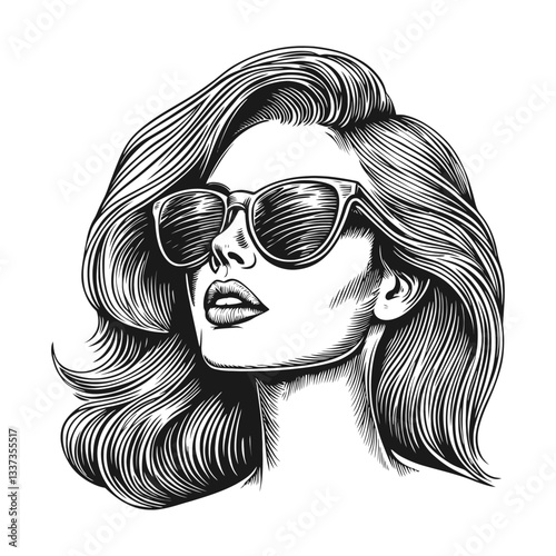Detailed Engraving of a Woman in Sunglasses with Stylish Hair