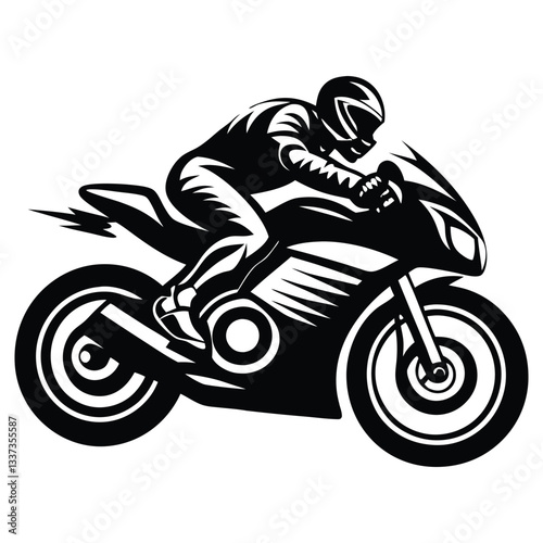 Stylish Motorbike Rider Silhouette Vector Illustration, Motorcyclist on Highway Silhouette Vector