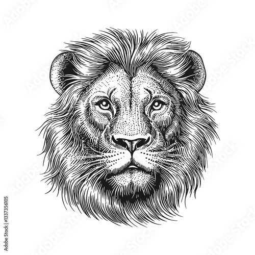 Detailed Black and White Engraving of a Lion's Majestic Face