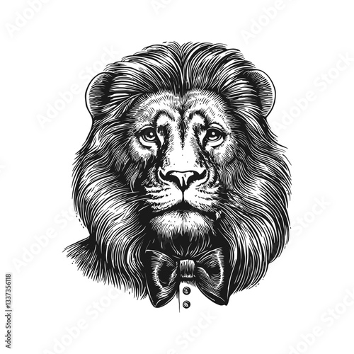 Detailed Engraving of a Lion with Bow Tie in Black and White Style