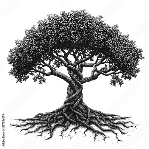 Black and white Celtic tree with detailed roots high resolution image