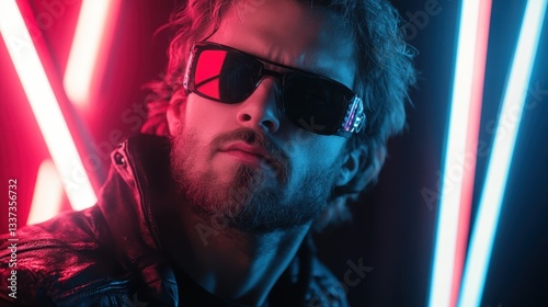 A confident, stylish man poses with sunglasses in front of bold neon lights, embodying modern aesthetics and urban coolness in a vibrant atmosphere.