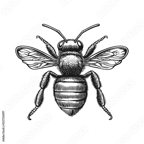 Detailed Vintage Engraving of a Bee in Black and White Style