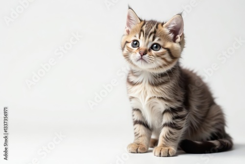 Charming British Shorthair kitten sits on white, gazing at camera, animal photography, kitty, portrait