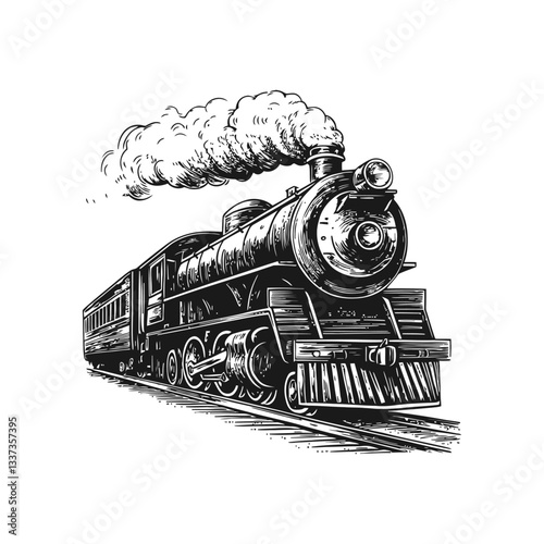 Vintage Engraving of a Classic Steam Locomotive in Motion