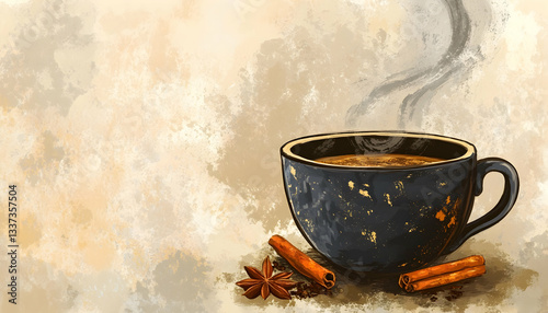 Steaming cup of traditional Indian chai tea with spices, chai, tea, Indian, traditional, cup, beverage, hot, drink, spices, black