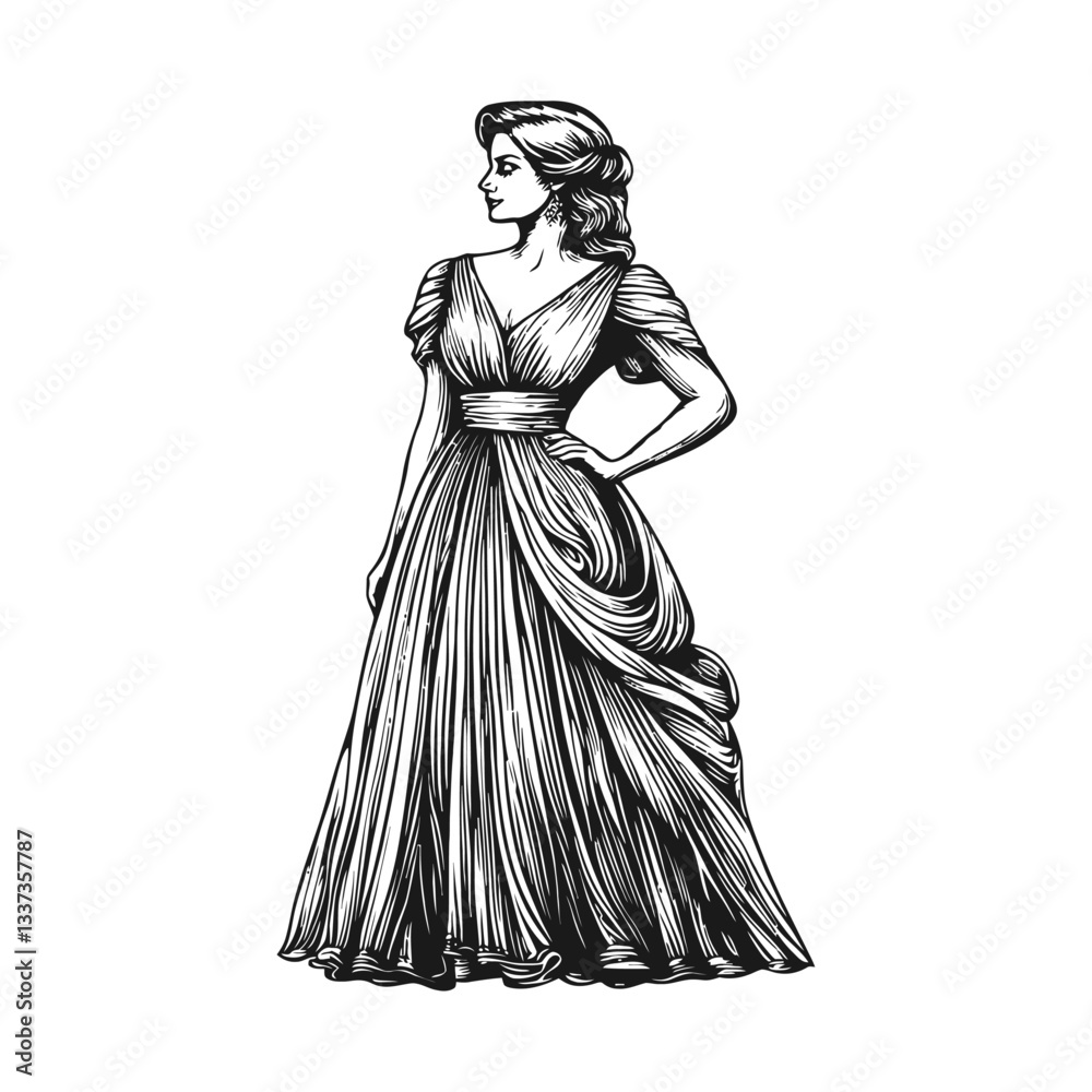 Fototapeta premium Elegant Engraving of a Woman in a Classic Dress with Flowing Design