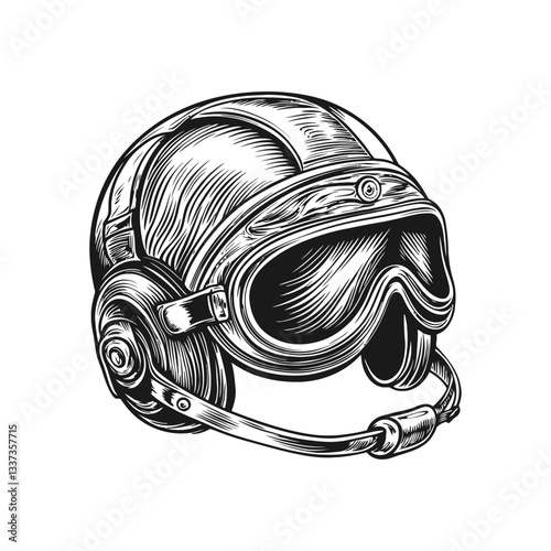 Detailed Engraving of a Pilot Helmet with Headset and Goggles
