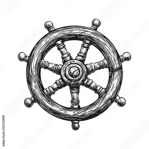 Vintage Nautical Ship Wheel Engraving Design for Maritime Themes