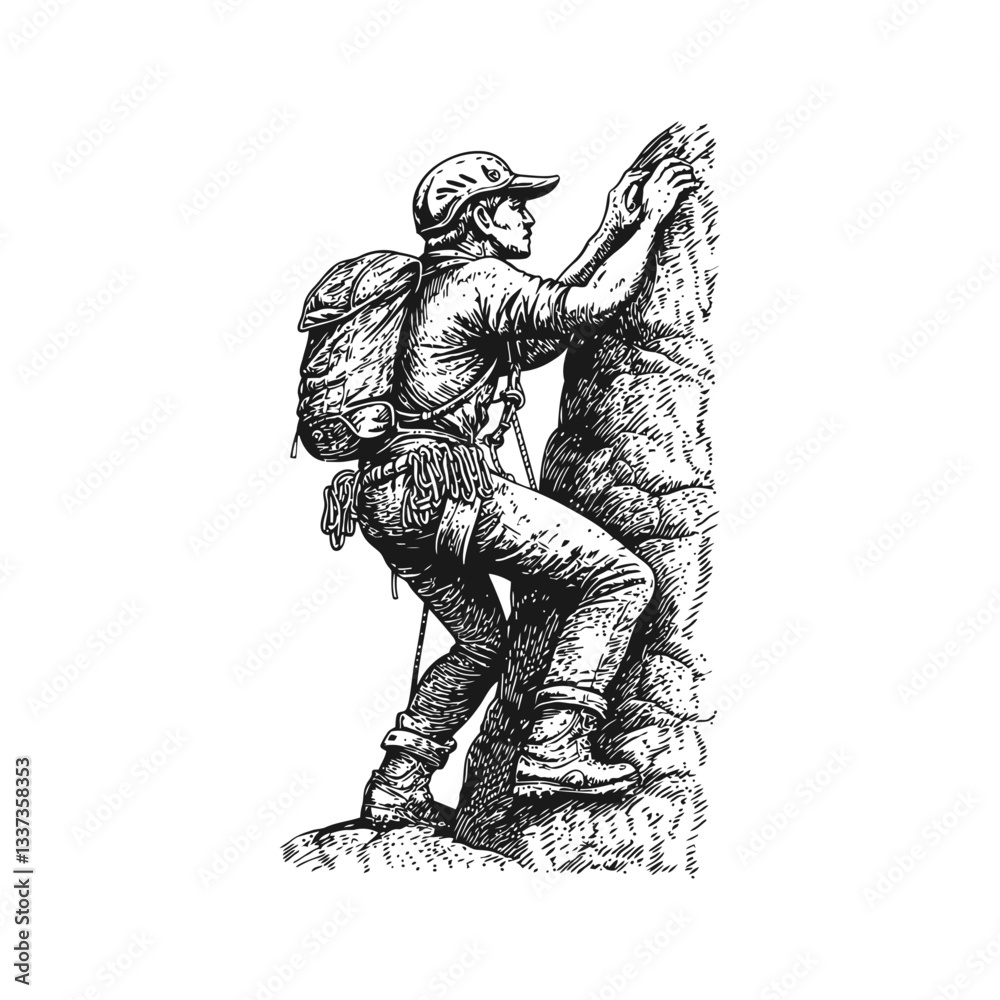 Fototapeta premium Vintage Engraving of a Climber Scaling a Rocky Mountain