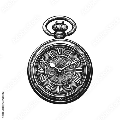 Vintage Hand-Drawn Engraving of an Antique Pocket Watch