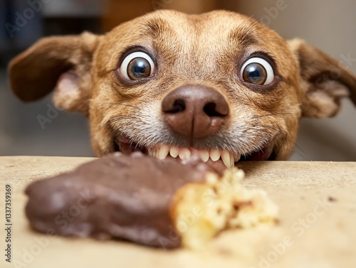 Un perro emocionado intenta alcanzar un dulce, mostrando su curiosidad y hambre de una manera divertida.