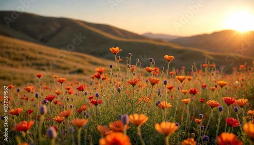 Vibrant Wildflowers at Sunset in Rolling Hills