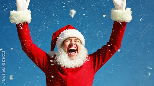 Joyful Person in Santa Claus Costume Celebrates Festive Holiday Season Under Clear Blue Sky, Expressing Cheer and Joy by Throwing Snow into Air, Capturing Spirit of Celebration and Cheerful Excitement