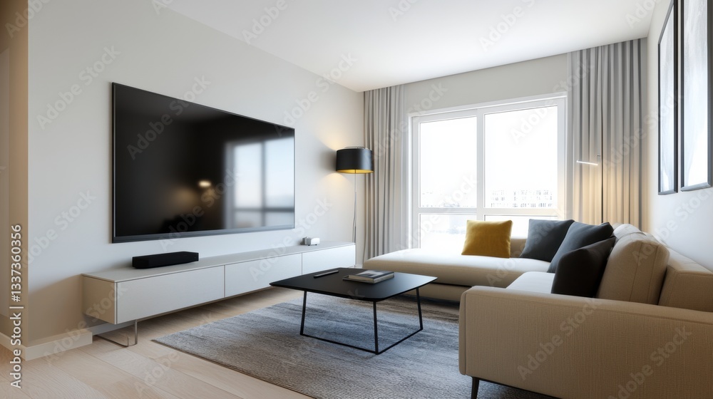 Fototapeta premium scandinavian interior design, contemporary swedish living room with neutral palette, sleek furniture, and subtle decor for a harmonious vibe