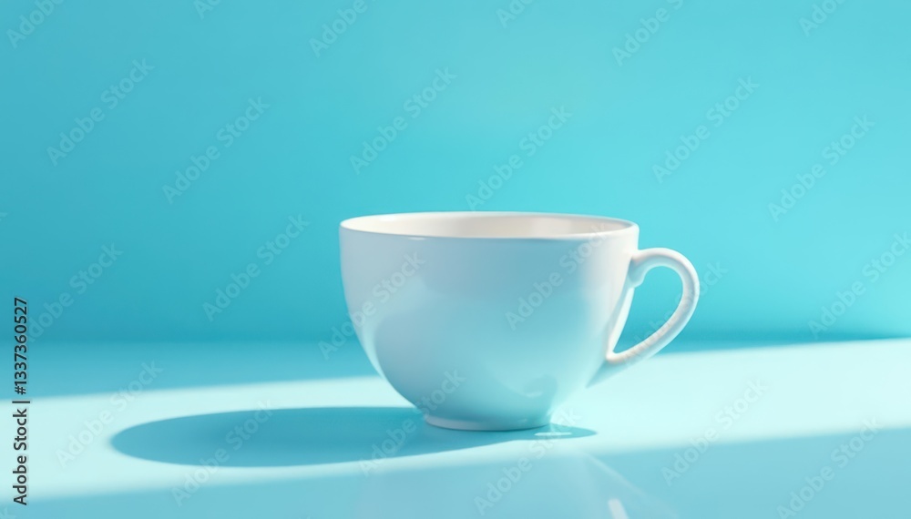 A small white cup basks in sunlight, set against a clear blue background , clean, vibe A small white cup basks in sunlight, set against a clear blue background , clean, vibe