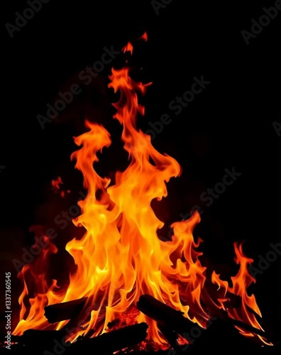 Dramatic Campfire Blaze: Vibrant Orange Flames and Crackling Logs for Wilderness, Survival, or Cozy Ambiance Backgrounds