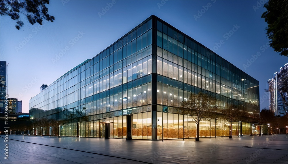 Fototapeta premium 조명으로 반짝이는 백화점 외벽, 고급스럽고 현대적인 디자인의 유리 파사드