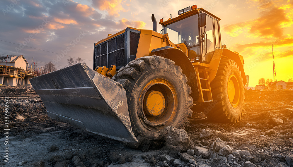 Bulldozer clearing dirt on a construction site in an urban environment. Concept of heavy machinery, land development, industrial equipment, urban Bulldozer clearing dirt on a construction site in an urban environment. Concept of heavy machinery, land development, industrial equipment, urban