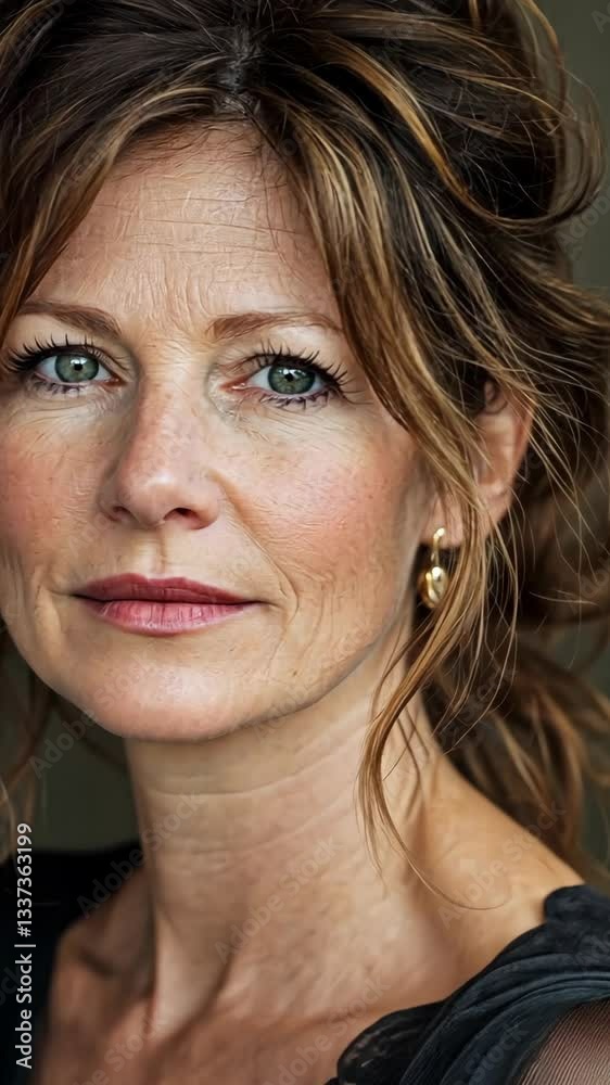 Mature woman with expressive features poses for a close-up portrait in soft natural light, showcasing her confidence and beauty Mature woman with expressive features poses for a close-up portrait in soft natural light, showcasing her confidence and beauty
