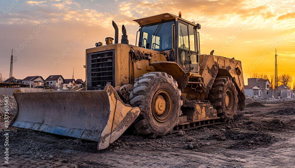 Bulldozer clearing dirt on a construction site in an urban environment. Concept of heavy machinery, land development, industrial equipment, urban Bulldozer clearing dirt on a construction site in an urban environment. Concept of heavy machinery, land development, industrial equipment, urban