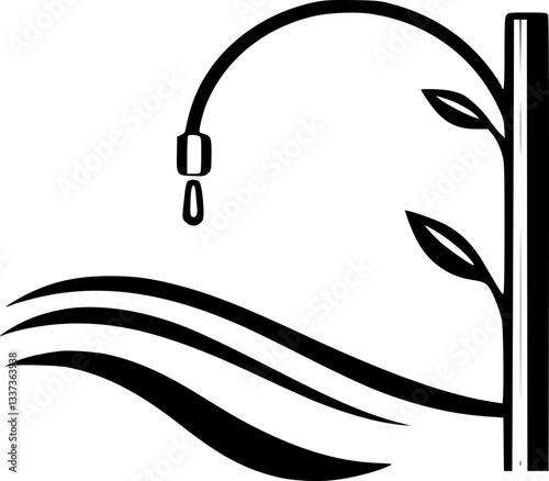 Monochrome drip irrigation system illustration black and white vector agriculture gardening water conservation sustainable farming