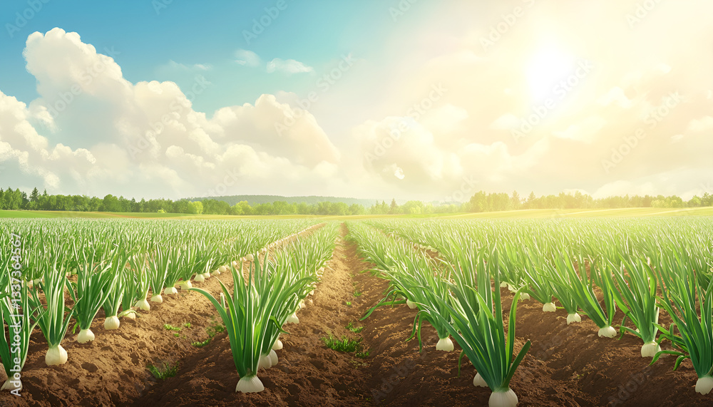 Onion Field Rows Under a Bright Sky with Puffy Clouds. Concept of Agriculture, Farming, Vegetable Crop, Rural Landscape Onion Field Rows Under a Bright Sky with Puffy Clouds. Concept of Agriculture, Farming, Vegetable Crop, Rural Landscape