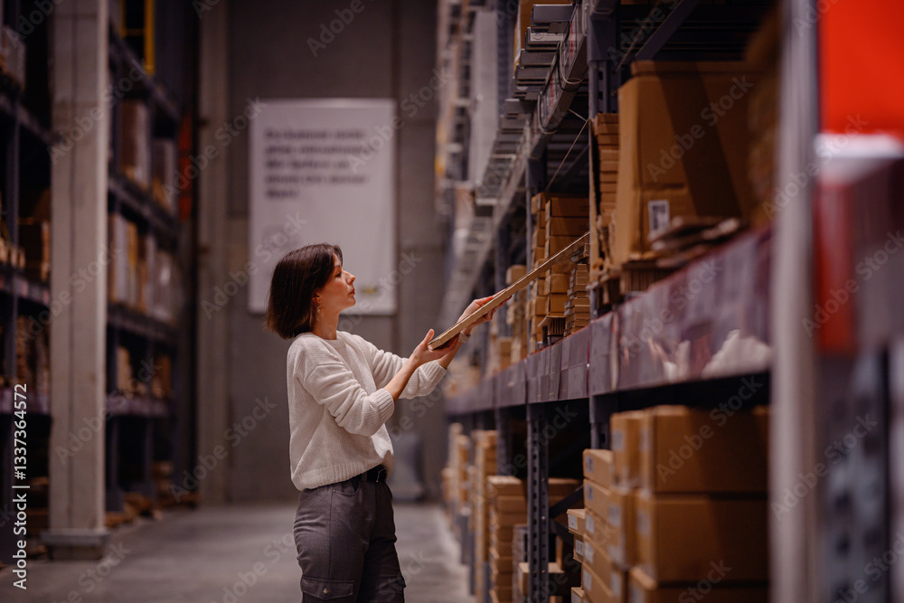 Woman Selecting an Item from Warehouse Shelf Woman Selecting an Item from Warehouse Shelf