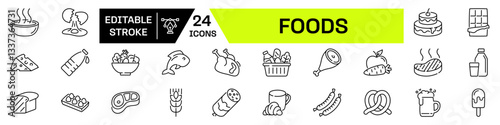 Foods icon set. Linear style. Editable stroke.