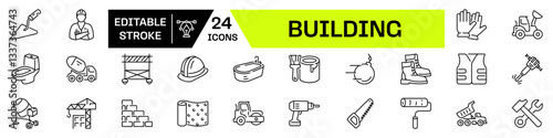 Building icon set. Linear style. Editable stroke.