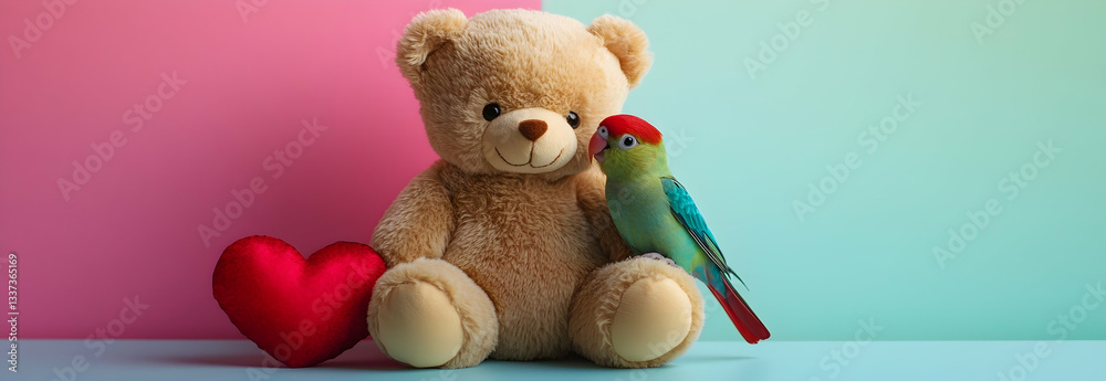 Fototapeta premium Teddy bear with a lovebird isolated on a colorful background