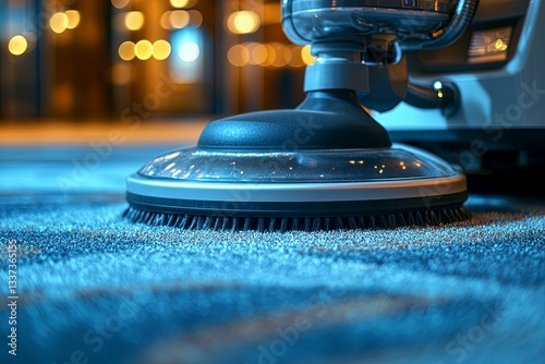 A commercial floor cleaning machine is working on a carpet