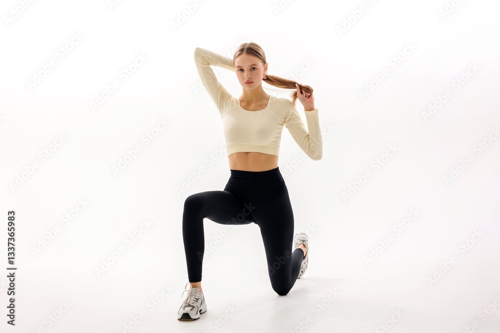 Young woman performs a lunge exercise in a bright, minimalistic studio setting for fitness training session