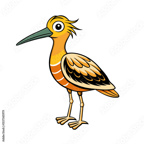 A cute bird with an orange and yellow body. The bird is a character in a comic with big eyes and a long beak