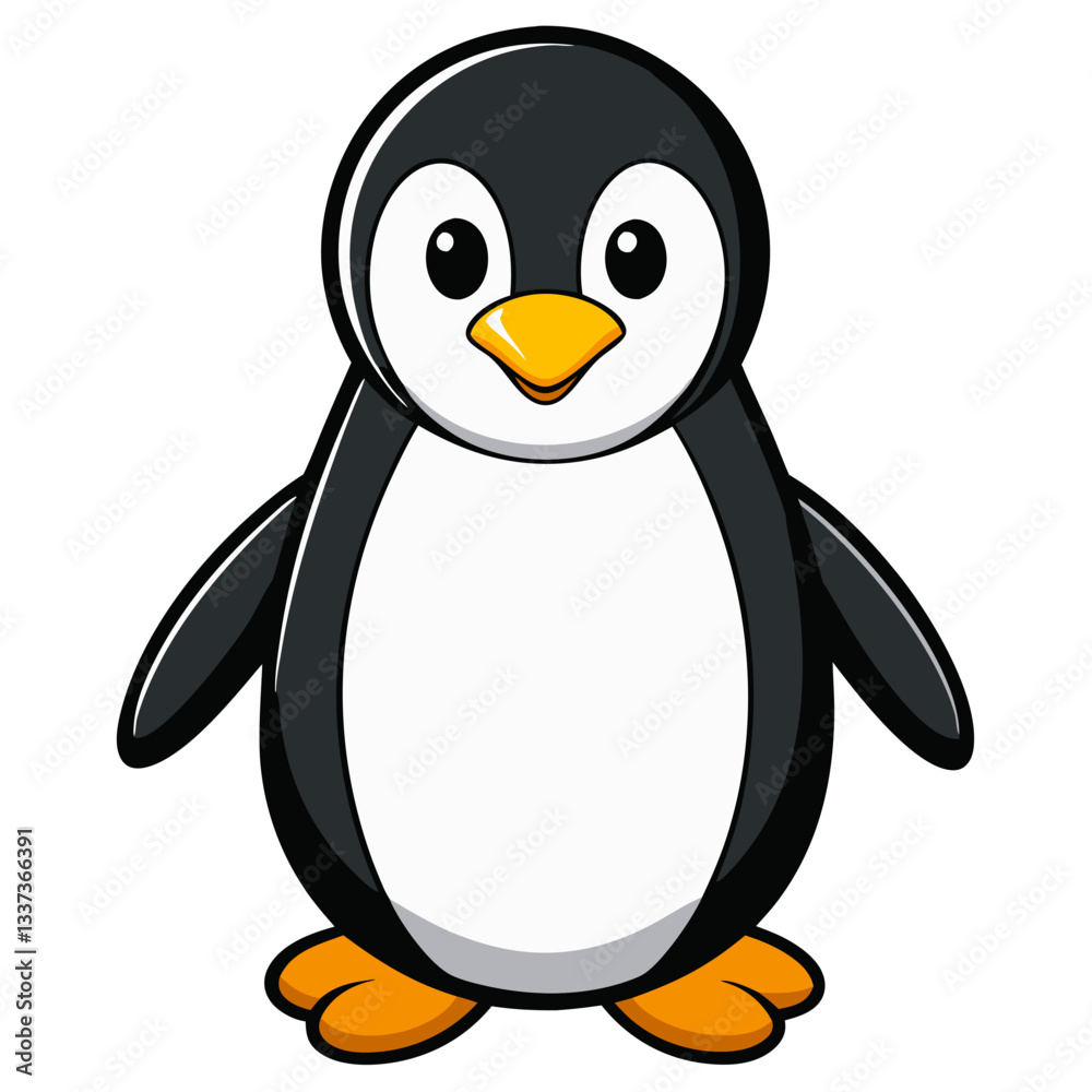 Obraz premium a cute cartoon penguin with a black and white body, yellow beak and orange feet. The penguin stands upright, with its wings slightly outstretched 