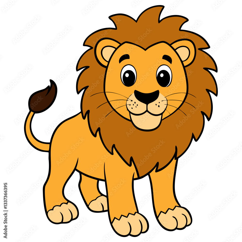 Fototapeta premium a cartoon of a majestic lion with a thick mane standing proudly. The lion is depicted with friendly eyes and a warm smile