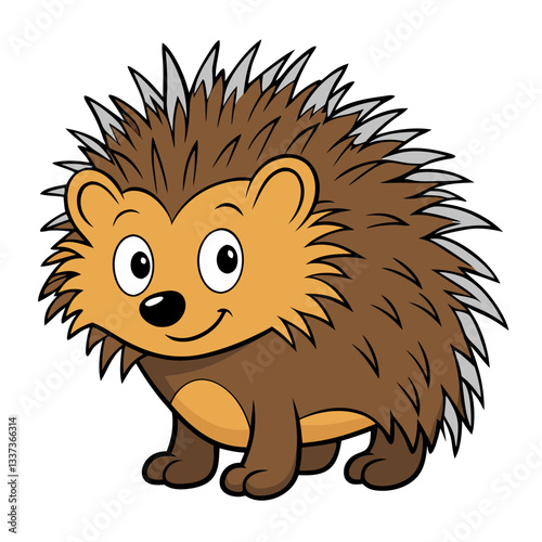 a cute cartoon hedgehog with spiky fur and a friendly smile, standing and facing forward. It's an illustration and not a photograph