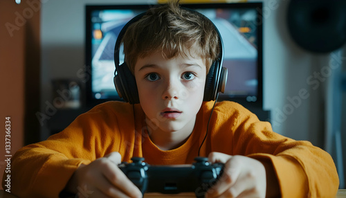 Teenage boy wearing big headphones playing a racing game at home. Young teen kid playing a video game on his desktop computer. Computer games addiction in children