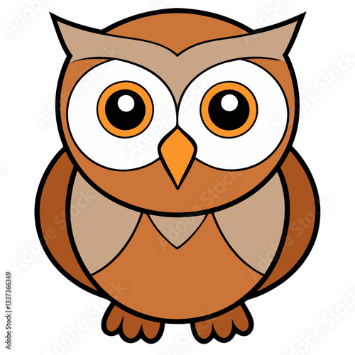 a cute owl cartoon with big orange eyes and warm brown feathers, in a simplified drawing style. It is friendly and welcoming