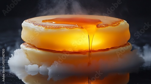 Glowing pancakes, syrup, steam, dark background