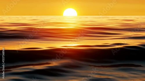 Mesmerizing Sunset Over Ocean Golden Glow and Serene Beauty with Waves Adding Texture to Horizon Sky, Evoking Tranquility and Warmth in Vibrant Seascape Reflections